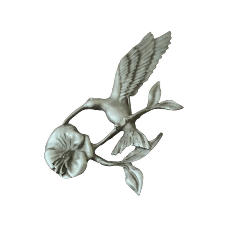 Vintage Hummingbird Brooch Pewter Flower Pin Signed Spoon 3825 Figural Bird 3”